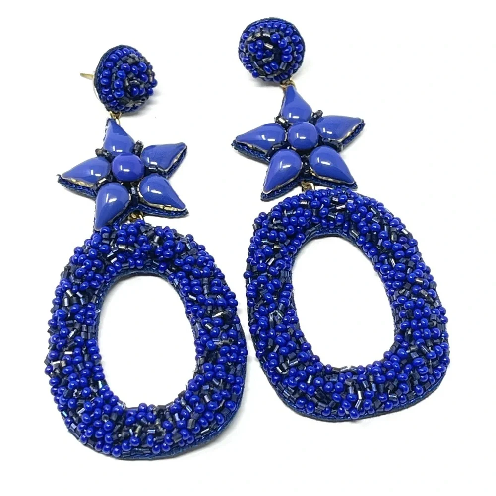 New Anthropologie Deepa Gurnani Star Blue Beaded Dasia Hoop Earrings - Picture 3 of 7